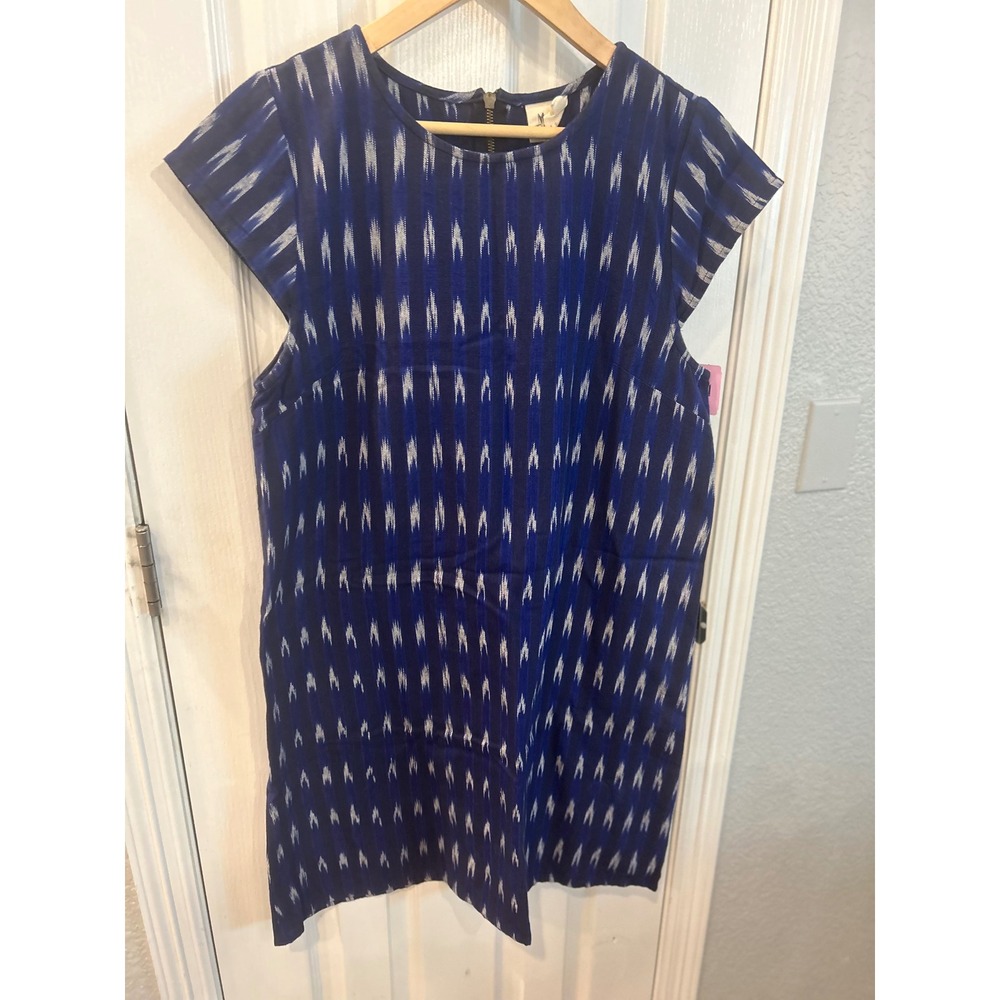Mata Traders Shift Dress Blue Ikat Cotton Cap Sleeve Fair Trade Boho L